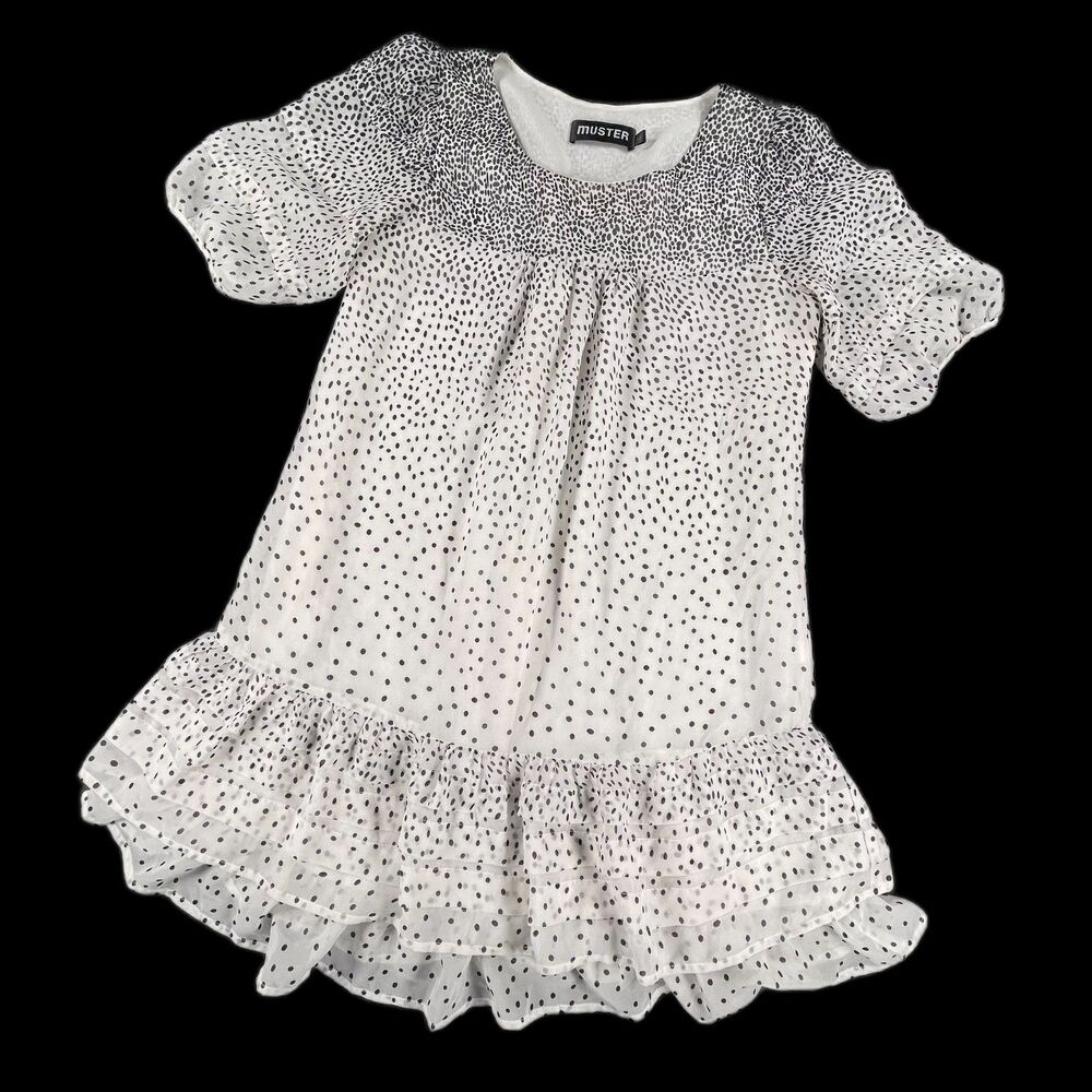 Muster 100% Silk Polka Dot Ruffle Hem Dress L White Black Boho Chic Summer